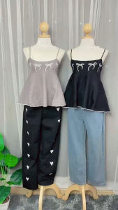 AL-CF0722 (มี 2 สี) เสื้อสายเดี่ยวไหมพรม ทรงยาว แต่งลายโบว์ #Y9909