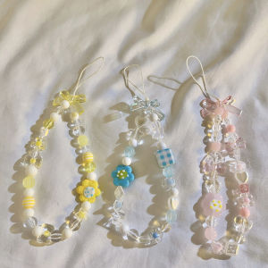 Korean Style Fresh Blue Pink Yellow Bows Flower Bracelet Cute Beaded Lanyard Phone Case Ornament Pendant CCD Camera Chain Lanyard Carrying Strap Anti-Lost Portable Hand-Carrying Phone Chain Pendant Accessories