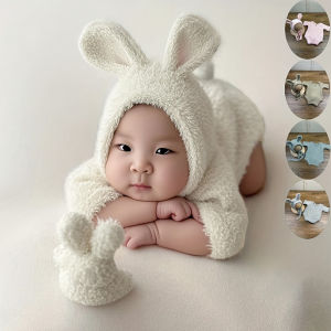 2pcs/sets Rabbit Costume Newborn Photography Outfits Adorable Soft Rabbit Hat + One-piece Shorts Studio Photography Accessories