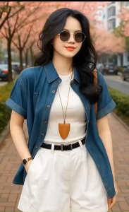 Set đồ nữ 4 món mặc hè set áo Tăm phối quần Mango & áo khoác sơ mi Jean thêu nơ kèm dây nịt cá tính