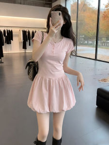 DUOFEIYAN | Flared Pink Dress for Women Short Sleeve Summer