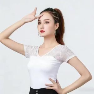 Women Black Mesh Spliced Latin Dance Top Professional Ballroom Modern Competition Practice Training Costume Dance wear top