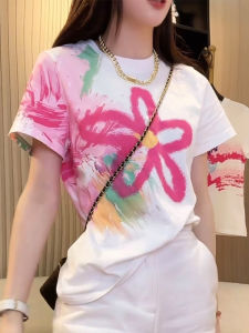 Fashionable White Short Sleeve T-Shirt Womens Summer New Oil Painting Print Cotton Upper Body Shirt Shoulder Width Regular
