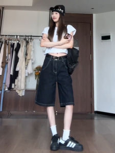 High Waist Black Straight Leg Denim Shorts Womens Summer New Loose Wide Leg Five-Point Pants High Waist Slimming Effect