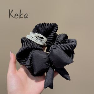 Elegant Pearl Texture Hair Ties for Women Soft Folded Butterfly Knot Large Circular Elastic Hair Bands for Bun Hairstyling