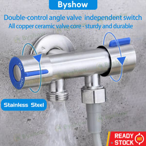 Byshow Stainless Steel Kitchen Bathroom 1 Into 2 Out Two way Angle Valve Toilet Premium bidet double head shower tap faucet 2 way basin washing machine water tap wall kepala paip bilik air mandi mesin basuh 双头水龙头