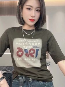 Slim Fit Letter And Number T-Shirt Womens Base Layer Shirt Korean Style round Neck Short Sleeve Casual Top for Autumn