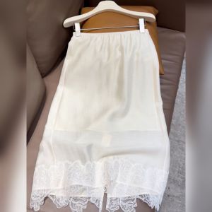 YUFUQING | French Lace Splicing Midi Skirt Womens Summer New Sweet Design White A-Line Skirt High Waist Straight Cut Casual Polyester Fiber