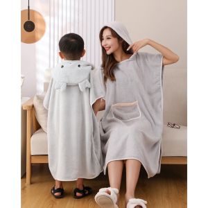 New Arrival Coral Fleece Matching Bathrobe Kids Bath Wearable Plus Size Adult Absorbent Quick-Drying Hoodie Cloak Bath Towel