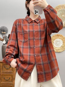 เสื้อเชิ้ตผู้หญิงทรงหลวมสไตล์ฮ่องกงย้อนยุคฤดูใบไม้ร่วงปี 2024 แขนยาวลายสก็อตสุดเท่สำหรับใส่ไปทำงานและลำลอง