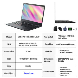 Lenovo Thinkpad L570 Laptop office gaming Laptop 7th Gen Intel i5 7200U processor 15.6inch ultrathin IPS FHD 1920*1080 screen 16GB RAM /256TB SSD gaming/Office / online courses compute Laptop 1 yr warranty