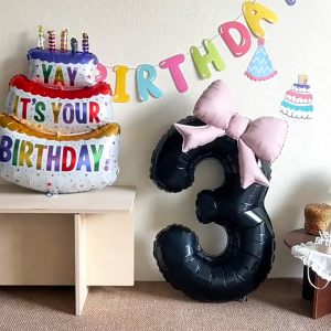 32inch Black 0-9 Crown Number Balloon with Pink Bow & Cake Foil Balloon for Coquette Birthday Anniversary Graduation Patry Decor