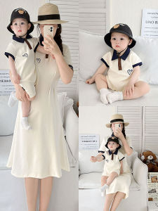 High-End Mother Daughter Matching Summer Clothes Short Sleeve Polo Shirt Family of Three Children And Babies Cotton Blend