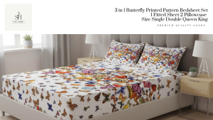 SevHome 3 in 1 Butterfly Printed Pattern Bedding Set Bedsheet Garterized Bed Sheet 1 Fitted Sheet cover 2 Pillow Case Size Single Double Queen King