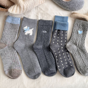 Gray Woolen Thick Mid-calf Socks for Women Autumn Winter Warm Cozy Cotton Socks Fashionable Versatile Japanese Style Socks