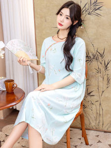 คลาสสิก ผ้าฝ้าย ผ้าไหม ชุดนอน ผู้หญิง ชุดราตรี แขนสามส่วน น้ำหนักเบา หลวม เสื้อผ้าประจําบ้าน ฤดูร้อน ชุดนอนสบาย