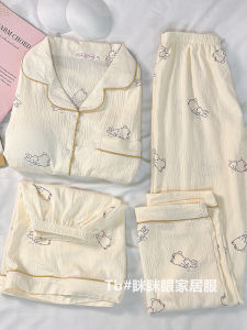 Spring Summer Womens Sleepwear Set Short Sleeve Long Pants Thin Cotton Silk Home Clothes Three-Piece Set with Chest Pad Cartoon Style