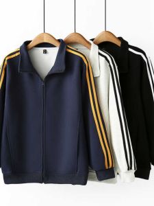 Casual Sporty Baseball Jacket Womens plus Size New Stripe Elastic Waist Short Sleeve Zipper Hoodie Open Cardigan Spring Autumn