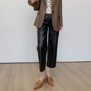 Black High Waist Elastic Splice Nine Point Leather Pants Women Autumn Winter Loose Slim Straight Casual Eight Point Pants