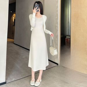 LANGPIN | Casual Simple Draped Knitted Dress Womens Mid-Length Inner Wear Summer Slimming Vest Dress Polo Collar Polyester Fiber