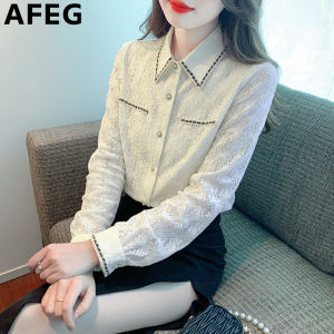 AFEG solid color Korean version lapel fashion loose temperament lace long-sleeved blouse