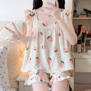 ชุดนอนผู้หญิงฤดูร้อน ชุดนอนผ้าฝ้ายถักแขนกุด ลายสตรอเบอร์รี่หวาน ชุดอยู่บ้าน ชุดนอน ชุดนอนผู้หญิง ชุดนอนผ้าฝ้ายถัก