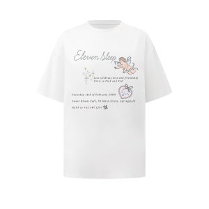 ELEVEN SLEEP Summer White Short Sleeve T-Shirt Womens Original Print Asymmetrical Shoulder Unique Match All Cotton Top