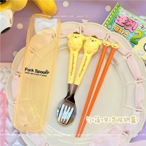 Takara Tomy | Anime Kuromi Tableware Hello Kitty Melody Silicone Handle Tableware KT Cat 3Pcs Set Cinnamoroll Fork Spoon Portable Tableware