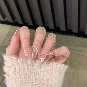 GANGHOU | French Design Bow Accented Blue Tone Detachable Medium Long False Nails