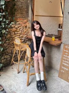 French Gentle Black Bowknot Strap Dress Womens Summer High Waist Slimming Short Skirt Elegant A-Line Gown One-Piece Outfit