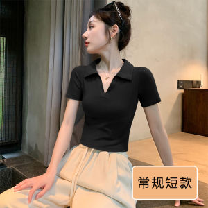 Pure ผ้าฝ้าย เสื้อยืดแขนสั้นผู้หญิง ฤดูร้อน เสื้อโปโลเอวซับใหม่ สีดำ สไตล์สั้นครึ่งแขน ลำลอง เวอร์ชั่นเกาหลีเดินทาง