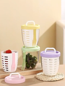 Double Layer Drainage Salad Cup With Fork Fruit Preservation Cup Multi-purpose Leak Proof Cup Portable Breakfast Fruit Container