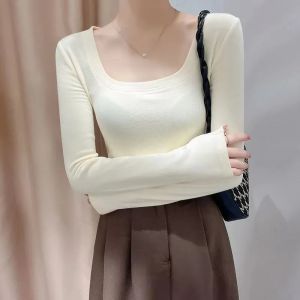 Square Collar Double-Sided Dralon Bottoming Shirt for Women Spring & Fall Plus Size New Arrival Inner Wear Long Sleeve T-shirt Low Collar Fancy Tops Tide