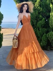 French Elegant V-Neck Waist-Cinched Maxi Dress Fashionable Shoulder Strap Dress Summer Season Casual Travel Citywalk Style