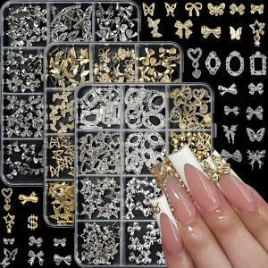 12Grids 3D Alloy Bowknot/Butterfly Nail Art Charms Gold/Silver Metal Ribbon/Bow Jewelry Rhinestone Decor DIY Manicure Accessroie