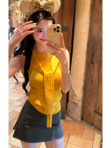 YUEZHONGWEI | Yellow Knitted Belted Vest Women Summer Outfit Slim Fit Sleeveless Top Beautiful Commute Style Pure Color Short Length