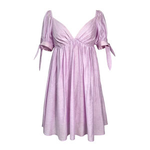 Elegant Pink Purple V-neck Puffy Sleeve Dress Sweet Folded A-line Mini Skirt Womens Fashion Spring Summer New Arrival