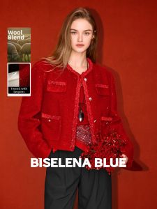 BEIQIANI | Elegant Red Coarse Tweed Jacket Wool