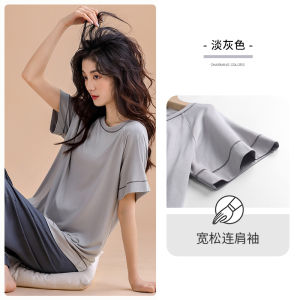Leica ผ้าฝ้าย ฤดูร้อน ชุดนอน ผู้หญิง แขนสั้น กางเกงขายาว เสื้อผ้าบ้าน ลำลอง สวมใส่กลางแจ้ง Pure ผ้าฝ้าย แฟชั่นบ้านสบาย