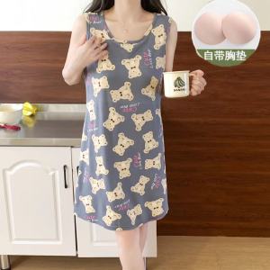 Summer Padded Vest Strap Pajamas Nightdress Womens Summer Thin Sleeveless Cotton Waistcoat Mid Length Long Length Dress