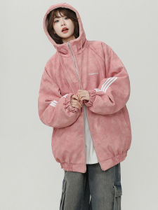 Couples College Lamb Fur Jacket American Style Loose Womens Cotton Padded Baseball Coat Polyester Fiber Long Sleeve Zipper Closure