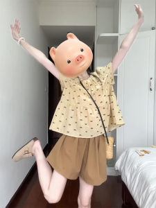 Sweet Tea Cotton Sports Suit for Women Short Sleeve Crewneck Pullover Two-Piece Set Shorts Versatile Casual Summer Outfit