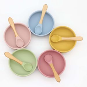 Baby Silicone Suction Bowl and Wooden Spoon Set 375ml CHILD SAFE Cutleries Utensils Infant Kids Toddler Feeding Plate