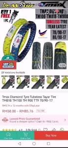 Tmax Diamond Tyre Tubeless Tayar Tire TM818 TM100 TM 900 TT9 70/90-17 80/90-17 (Cutting Maxxis Diamond)