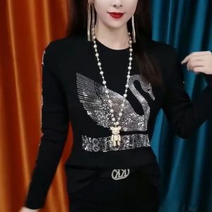Fashionable Thickened Baby Velvet Swan Shaped Slim Fit Base Shirt Heavy Work Embellished with Rhinestones Korean Style Long Sleeve T-Shirt for Women