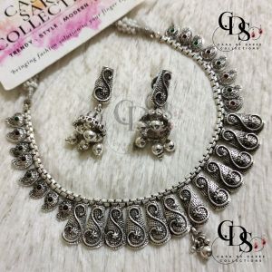 WOMEN SILVER HIGH NECK CHOKER NECKLACE SET WITH EARRING