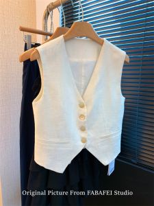 French White Hemp Sleeveless Vest for Women Summer Chic V-neck Short Length Single-breasted Clothes