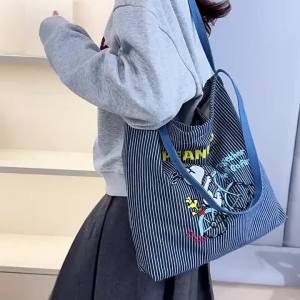Official Licensed Snoopy Striped Canvas Tote Bag Embroidered Lazy‑Style Multi‑use Shoulder Handbag with Double Shoulder Straps for Daily Casual Outing