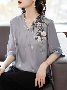 Fashionable Summer New Arrival Mommy Chiffon Set Short Sleeve Elegant T-Shirt Stylish Womens Top Loose Fit V-Neck Floral Print