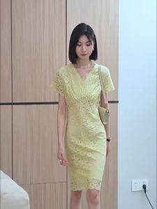 Roey s house | French Lace V-Neck Elegant Slim Yellow Dress